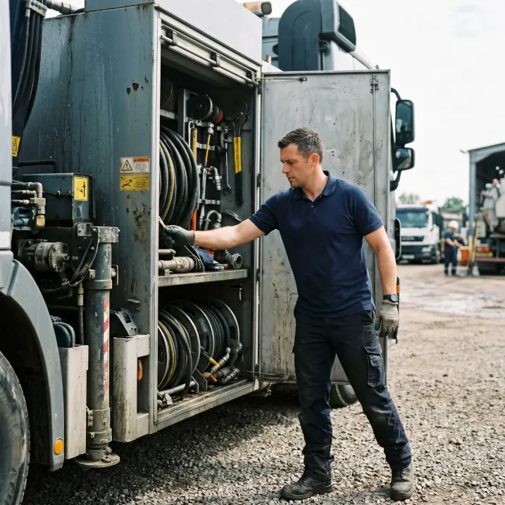 Plombier débouchage canalisation à Paris 8e équipant un camion d'hydrocurage